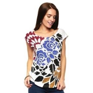 Desigual Floral Print Embellished T-Shirt With Sequins Size L Casual, Summer Top
